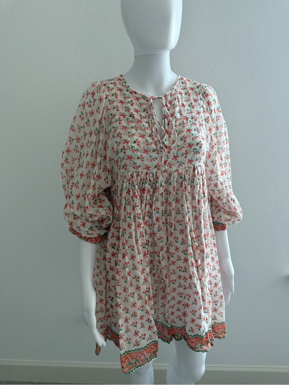 Daughters of India Kyra Cream Dress with Coral and Green Floral Print - Picture 7 of 9
